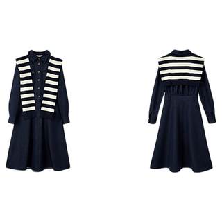 Pit retro solid color shawl two-piece set waist a-line dress women's 2025 autumn slim shirt dress mid-length skirt