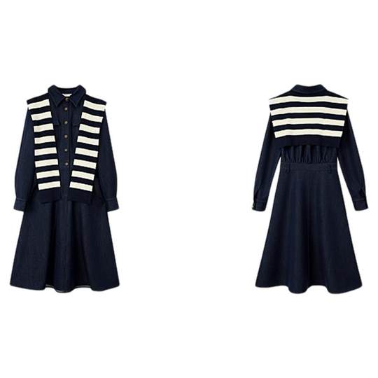 PIT retro solid color shawl two-piece set waist A-line dress women's 2025 autumn slim shirt dress mid-length skirt