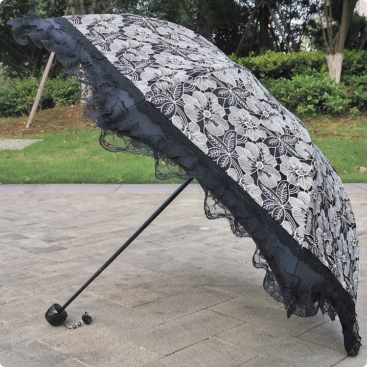 Pink bonsai tri-fold black vinyl lace sun umbrella with UV protection, sunshade, rain umbrella, princess umbrella