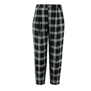 ກາງເກງ plaid ແມ່ຍິງລະດູຮ້ອນໃຫມ່ 2026, ກາງເກງເກົ້າຈຸດ, ກາງເກງ harem, ກາງເກງແບບສະບາຍ, ວ່າງ, ແອວສູງ, ຄໍເຕົ້າໄຂ່ທີ່ບາງ, slimming