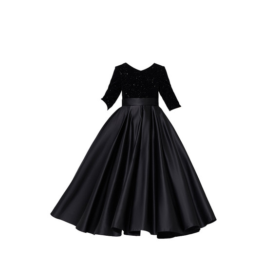 女童黑色儿童礼服裙中大童花童婚礼女孩高端主持人钢琴演奏演出服