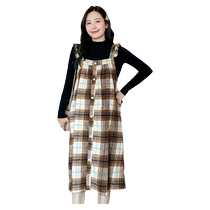 Jingqi maternity dress 2024 new autumn and winter high-end suit temperament plaid suspender skirt outing two-piece set