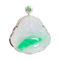 (Self-operated) Qianyu Shiguang Burmese natural A-grade jade icy spicy sunny green and delicate 18K gold Laughing Buddha pendant