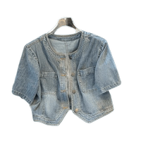 Light blue retro short-sleeved denim jacket for women 2024 summer new style right shoulder slimming short top