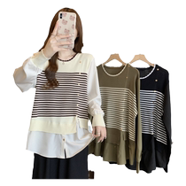 Maternity base layer knitted autumn and winter clothing spring and autumn 2024 new striped sweater with autumn and winter large size top