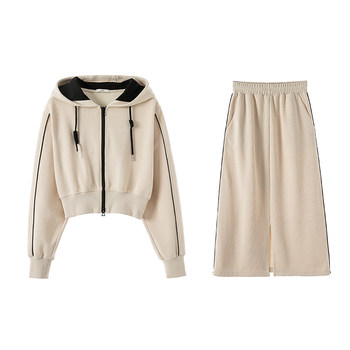 EKOOL spring casual suit women's short zipper hooded sweater + high waist slim skirt suit two-pieces