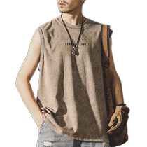 Jay Leno American heavyweight cotton vest mens summer round neck sleeveless mens loose retro cut-sleeve T-shirt mens trendy