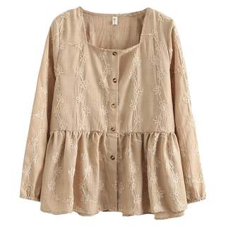 韩版衬衫女大码2023初秋新款胖mm长袖上衣遮肉显瘦方领提花娃娃衫