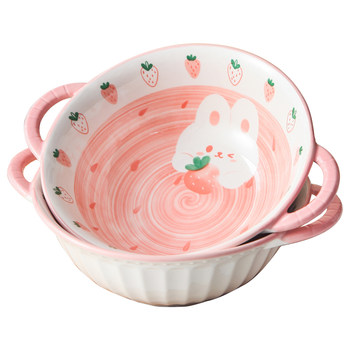 Ceramic double-ear soup bowl ຄົວເຮືອນ noodle bowl noodle bowl cute girly heart large strawberry rabbit bowl large bowl tableware