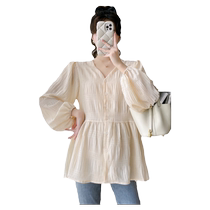 Maternity chiffon shirt T-shirt spring and autumn fashionable long-sleeved shirt Korean style V-neck chiffon small fragrance baby doll top
