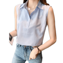Shirt collar vest womens casual versatile loose sleeveless bottoming shirt French blue striped sleeveless shirt