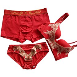 Big red underwear set wedding bride groom couple underwear three-piece set with bra one pair of bras pure cotton