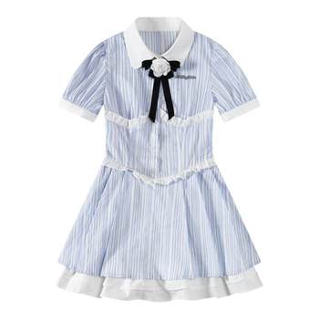 NTOT French holiday style rose bow tie blue and white striped lace shirt collar dress waist slimming cake skirt