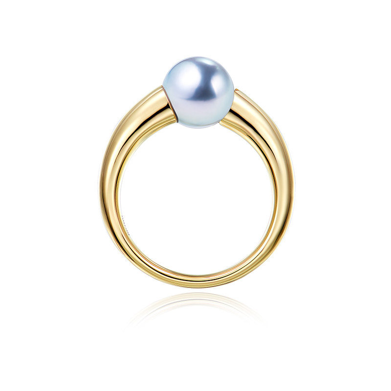 Medieval style vintage ring 18K gold akoya real hemp seawater pearl gray beads 18K thick gold croissant