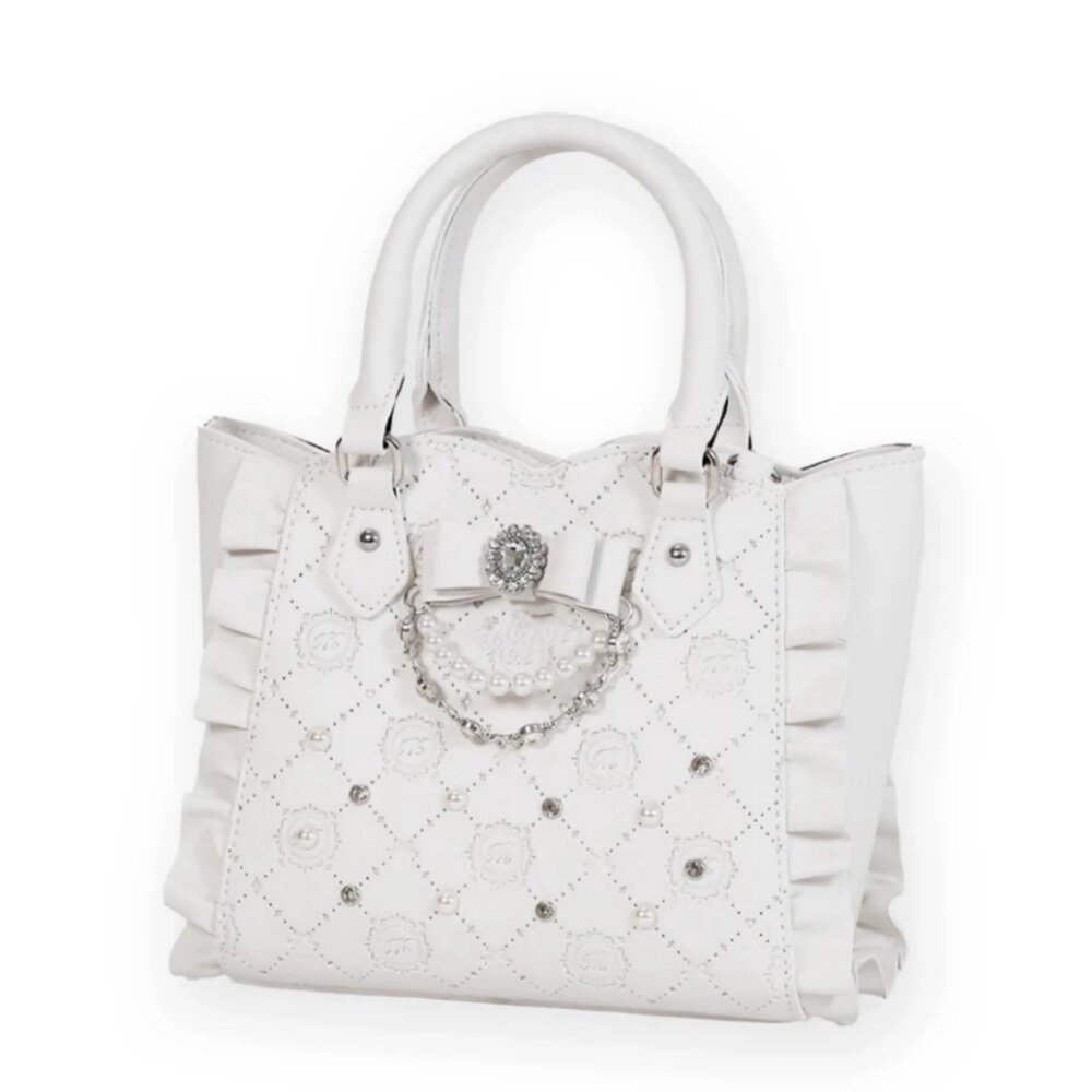 Lolita tote bag, cute and girly handbag with pearl and rhinestone design, Lolita crossbody bag with bow, elegant style.