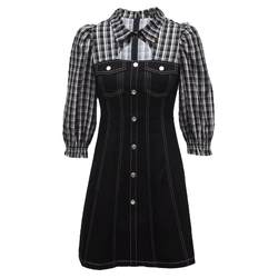 Vero Moda dress 2023 summer ແບບໃຫມ່ plaid shirt collar denim splicing slim waist slimming