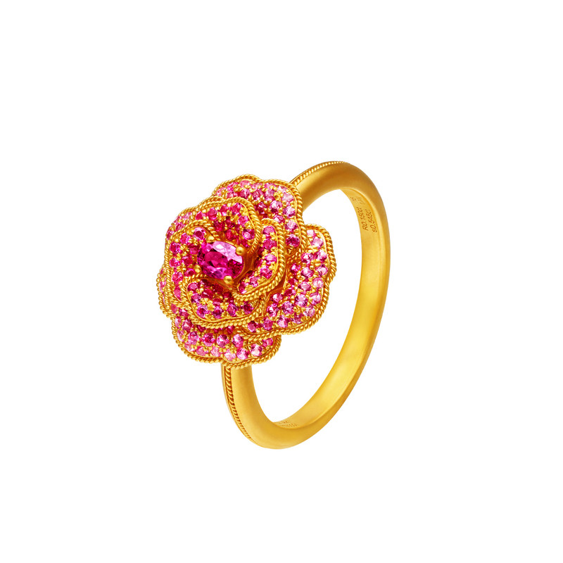 Palace quality national color heavenly fragrance ring solid gold pink sapphire ruby ancient handmade gold peony ring gift