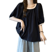 Black Puff Sleeve Short Sleeve Chiffon Shirt Womens Summer New Style Covering Belly and Slimming French Style Baby Blouse Top