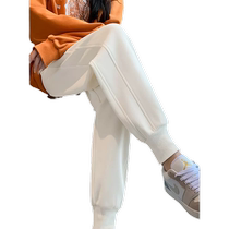 Thickened velvet sweatpants for women in winter 2023 popular high-waisted slimming pants for small people with leg-tie white sports pants