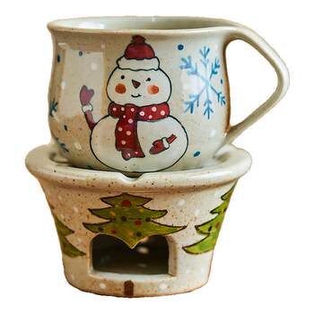 One person small candle warm tea stove christmas hand-painted snowman making tea coarse pottery retro tea set coffee cup set gift