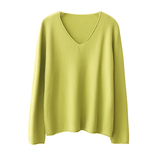Loose soft and waxy rolled edge V-neck sweater from Xiaoer
