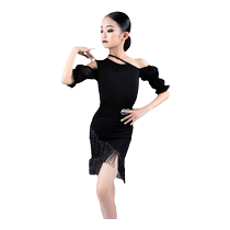 oope dance and dance suit spring and summer new black open-shoulder less children Latin dance practice suit with lantern sleeve workout suit