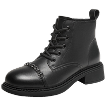 Camel Womens Shoes 2023 Winter New Genuine Leather British Style Color Matching Lace-up Casual Thick Heel Short Boots Womens Martin Boots