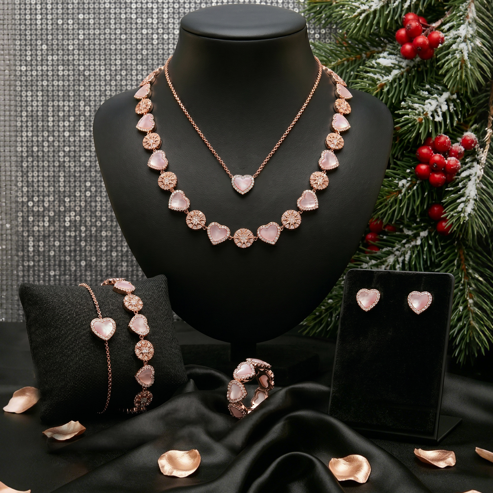 Pink mother-of-pearl heart bracelet, earrings, necklace, clavicle chain, sweater chain, ring, earrings - elegant and understated luxury - perfect birthday gift.