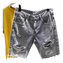 Trendy brand ins ripped denim shorts mens 2024 summer thin straight-leg versatile loose mid-pants beggar five-cent pants