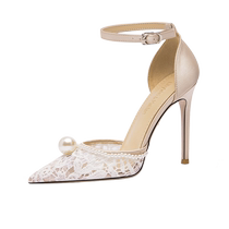 LilyWei one-word toe sandals French main wedding dress bridal shoes mesh pearl high heels large size 41-43