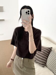 软糯羊毛绒拉毛针织小衫圆领短款秋季氛围感叠穿百搭毛毛短袖上衣