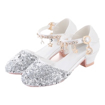 Girls crystal slippers princess shoes summer rhinestone sandals bow performance high heels silver flower girl dress shoes