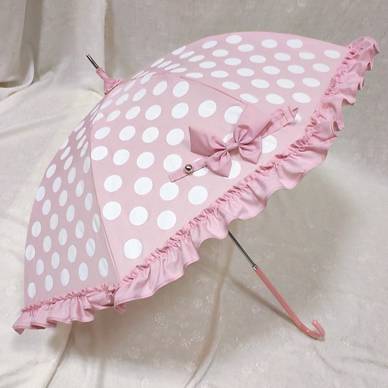Japanese style polka dot versatile Lolita umbrella, lace princess Lolita umbrella, Lolita wedding girly polka dot long handle, sunny and rainy.