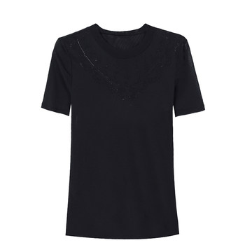 Black mesh short-sleeved t-shirt with hot rhinestone fashion top
