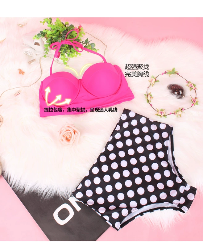 Retro hồng đỏ sóng tam giác chia áo tắm nữ nhỏ ngực thép tấm tập hợp eo cao che bụng nóng bỏng bikini bikini áo tắm - Bikinis