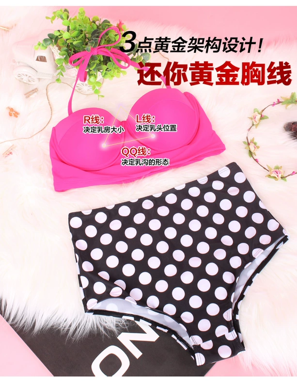 Retro hồng đỏ sóng tam giác chia áo tắm nữ nhỏ ngực thép tấm tập hợp eo cao che bụng nóng bỏng bikini bikini áo tắm - Bikinis