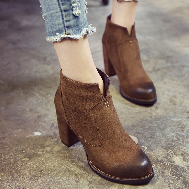 7CM spring and autumn and winter retro wild boots British wind wild nude single boots thick with short boots female pointed high heels