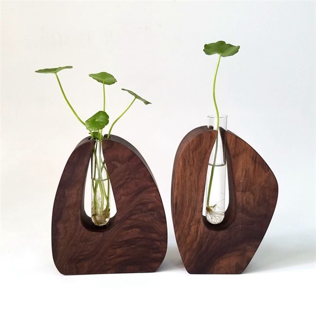 Wal 花 器 组 [工坊] Đen Walnut lọ hoa sáng tạo gỗ hoa đứng nghệ thuật bình thủy tinh chậu đất nung trồng cây