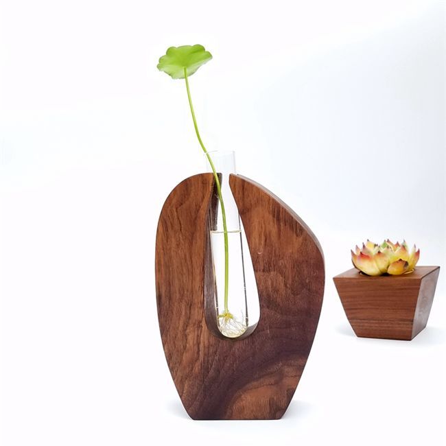 Wal 花 器 组 [工坊] Đen Walnut lọ hoa sáng tạo gỗ hoa đứng nghệ thuật bình thủy tinh chậu đất nung trồng cây