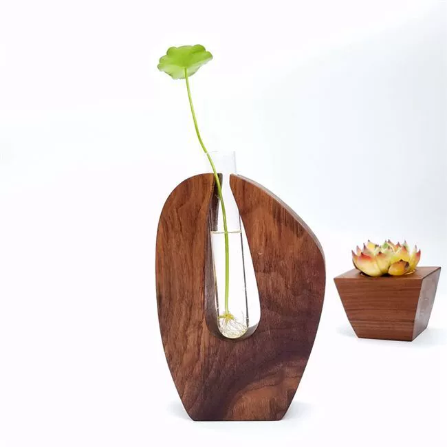 Wal 花 器 组 [工坊] Đen Walnut lọ hoa sáng tạo gỗ hoa đứng nghệ thuật bình thủy tinh