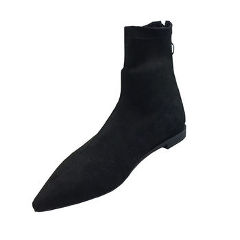ດູໃບໄມ້ລົ່ນແລະລະດູຫນາວ 2023 ໃຫມ່ Flat Black Pointed Toe Back Zipper ເກີບສັ້ນສໍາລັບແມ່ຍິງຕ່ໍາ heel Slim Nude Boots Stretch Slim Boots ສໍາລັບແມ່ຍິງ