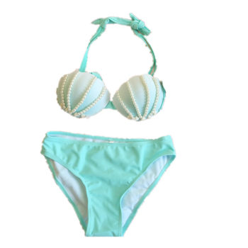 Mermaid handmade mint ສີຂຽວມື stitched gradient ສີ pearl shell split swimsuit ເຕົ້ານົມຂະຫນາດນ້ອຍ push-up bikini sexy