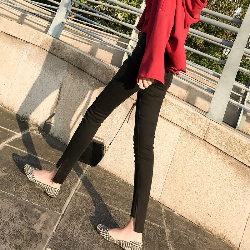 EKOOL脚口不规则开叉打底裤女外穿秋季高腰显瘦小脚裤弹力铅笔E