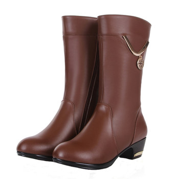 2022 ໃຫມ່ຂະຫນາດໃຫຍ່ 40-43 ເກີບແມ່ຍິງຂອງແທ້ Leather Mom Mid-calf Boots Spring and Autumn Low Heel Women's Single Boots Cotton Shoes
