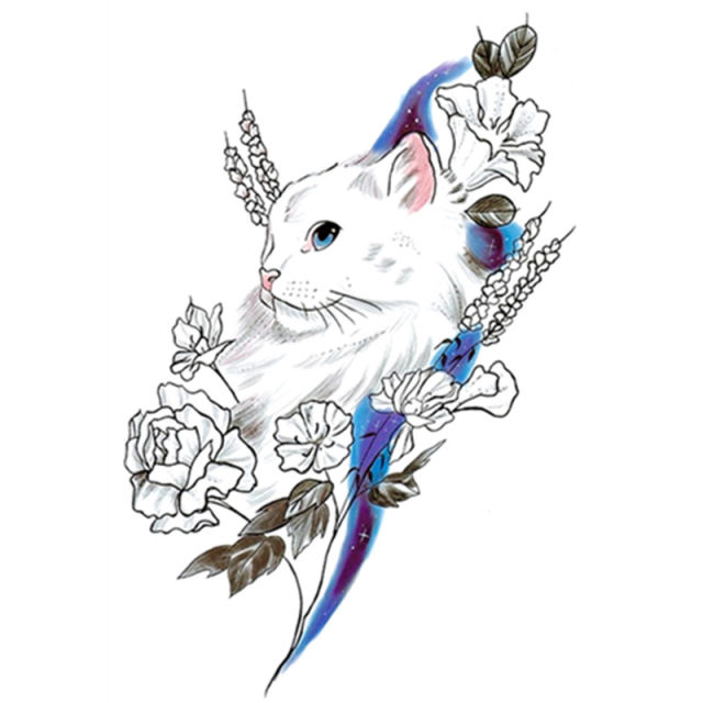 Flower Arm Girl TATTOO D4 Cute Cat Blue Starry Sky Flower Girl Tattoo Sticker