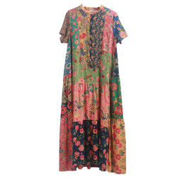 ຜ້າຝ້າຍ Baijiab splicing ຝ້າຍ bohemian ແລະ linen dress ແມ່ຍິງ pastoral floral ຍາວ skirt floral skirt ສັ້ນເສອແຂນຫາດຊາຍ skirt