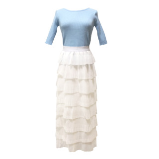 Knitted sweater for women with bow light blue slim fit three-quarter sleeves 2024 spring and summer petite top and skirt two-piece set