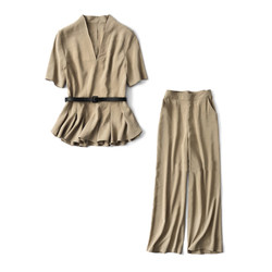 Jimmy's elegant two-color matte fabric ruffle top + wide-leg pants casual suit