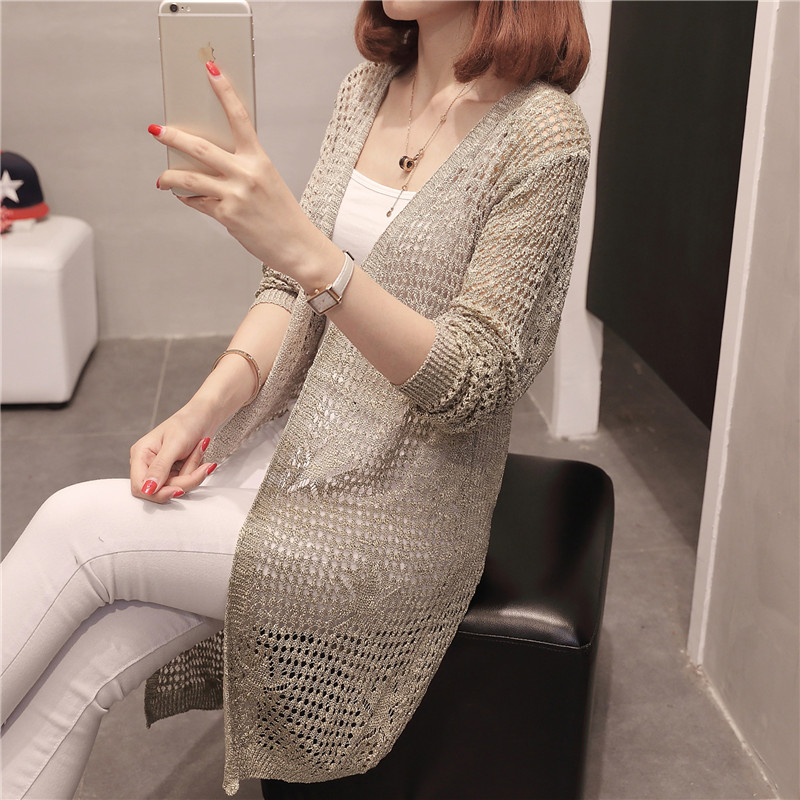 cô gái bên ngoài dài vừa băng đan áo len dài tay sun-kissed cardigan rỗng khăn choàng mùa hè triều mỏng lỏng Hàn Quốc