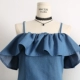 Hàn Quốc phiên bản của từ cổ áo xù off-the-vai denim dây đeo đầm eo cao mỏng một từ váy phụ nữ